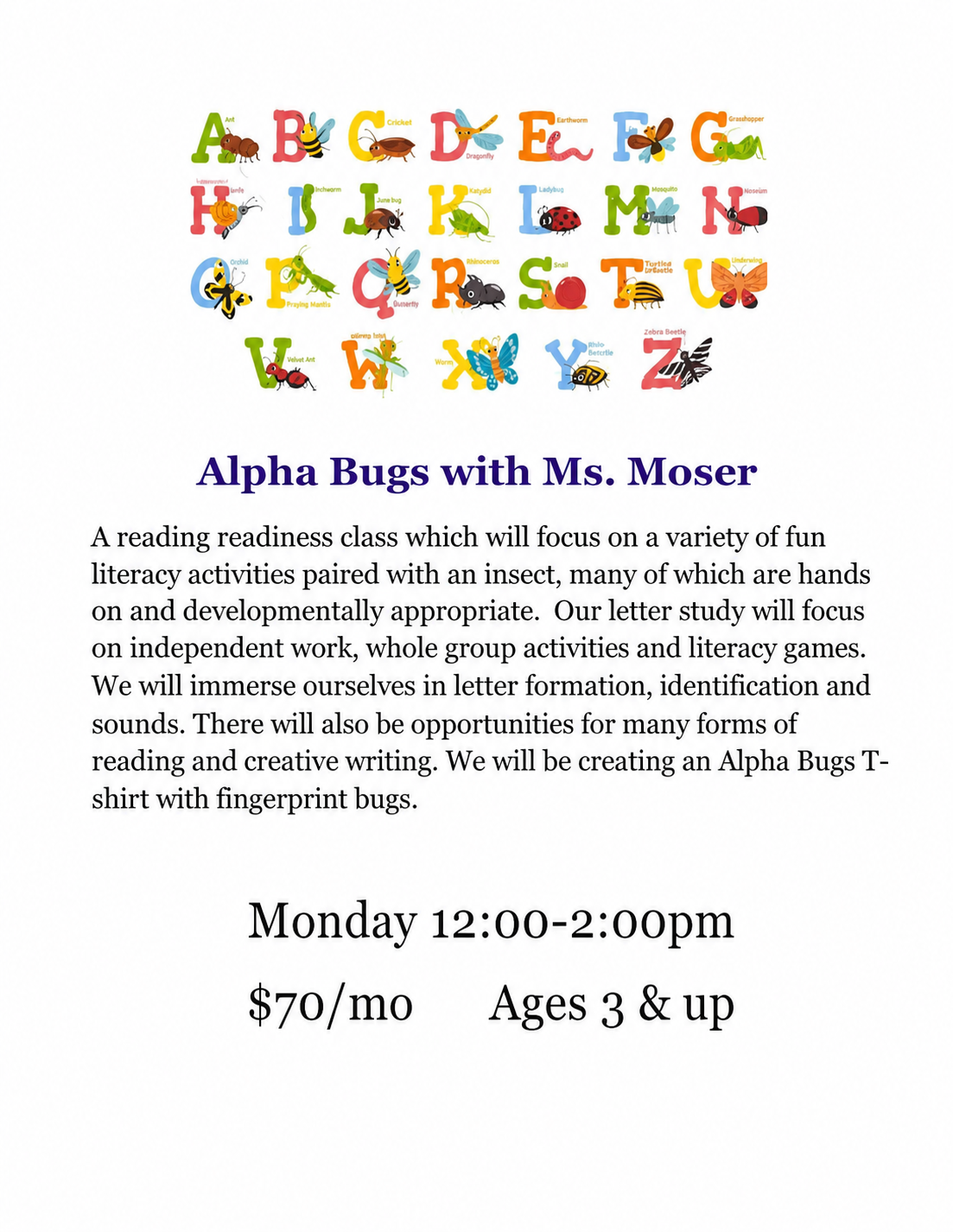 Alpha Bugs with Ms. Moser program flyer